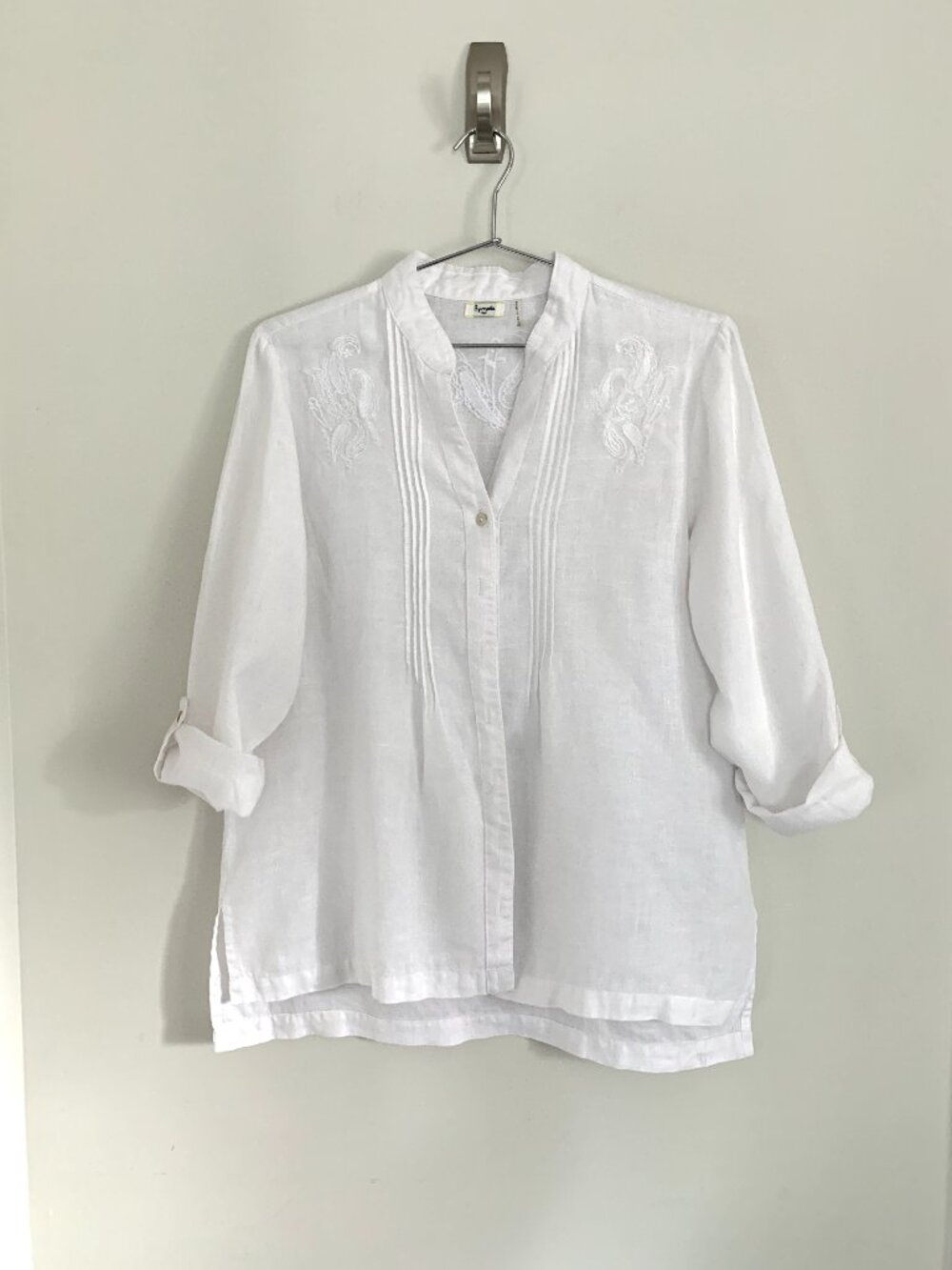 Symple NYC 100% Linen Lagenlook Embroidered White Button Down Top M